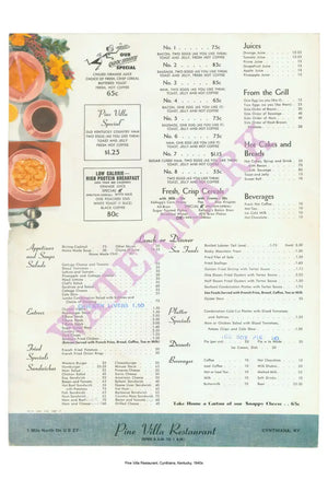 Pine Villa Cynthiana Kentucky 1940s Menu Interior