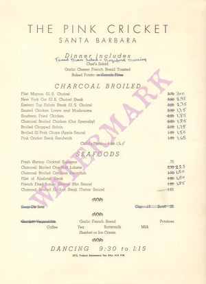 Pink Cricket, Santa Barbara 1960s Menu