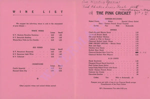 Pink Cricket Welcome, Santa Barbara 1960s Menu