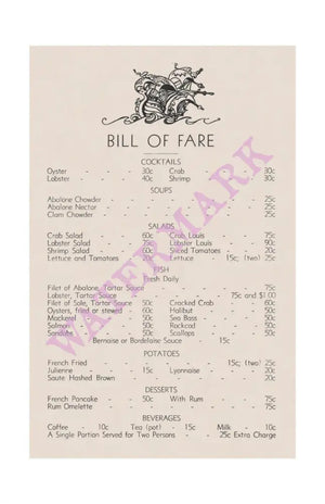 Pop Ernest Abalone and Seafood Restaurant Menu, Monterey 1930s