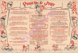Punch & Judy Ice Cream Parlors. Los Angeles 1949 Menu