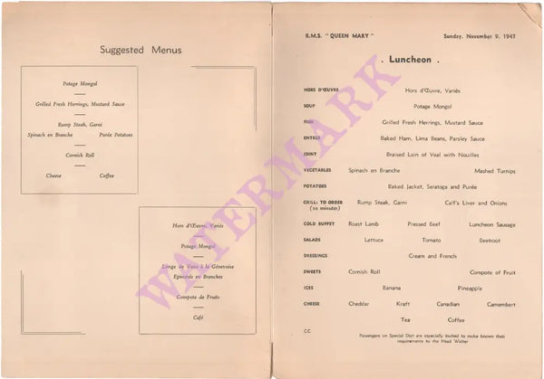 Queen Mary 1947 Menu 
