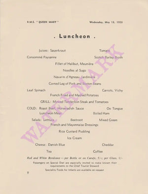 Queen Mary 1953 Menu