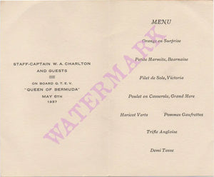 Queen of Bermuda, 1937 Menu 