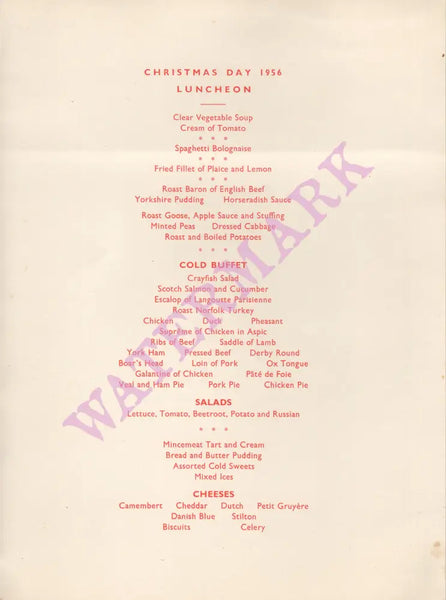 Queen's Hotel Eastbourne, Christmas 1956 Menu