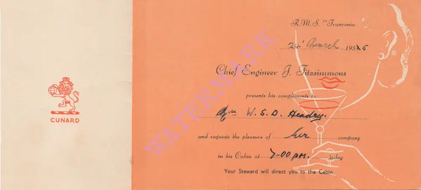 R.M.S. Franconia 1955 Drinks Invitation
