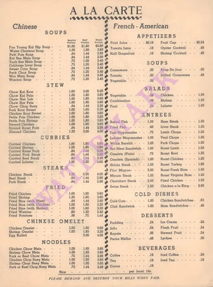 Rainbow Terrace, Port of Spain, Trinidad 1951 Menu
