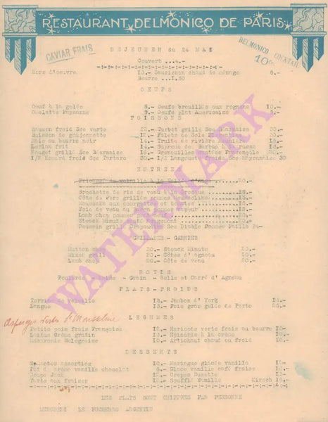 Restaurant Delmonico de Paris, France 1960s Menu 