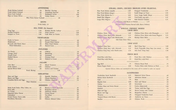 Riptide Club, Miami Beach 1930s Food menu