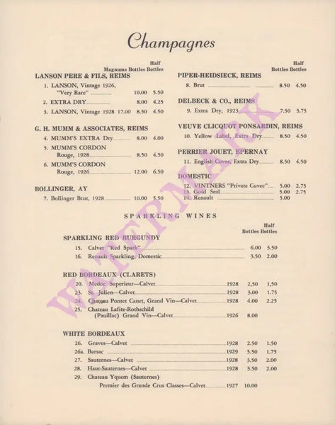 Riptide Club, Miami Beach 1930s Wine Menu
