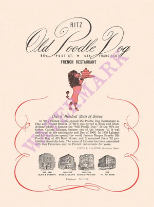 Ritz Old Poodle Dog, San Francisco 1950s Menu Art