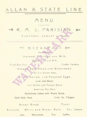 RMS Parisian 1906 Menu