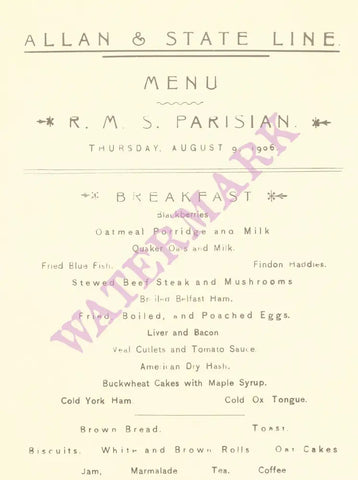 RMS Parisian 1906 Menu