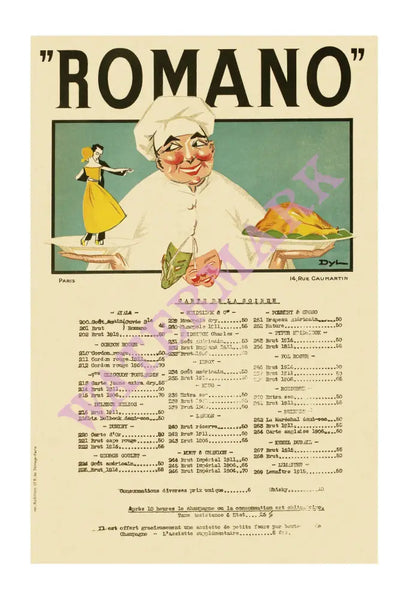 Romano, Paris 1923 Champagne Menu
