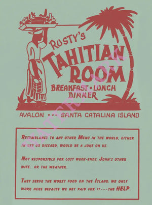 Rusty's Tahitian Room, Santa Catalina Island 1946 Menu Art