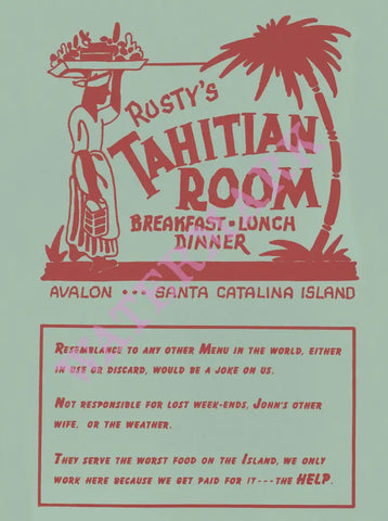 Rusty's Tahitian Room, Santa Catalina Island 1946 Menu Art