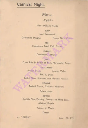S.S. Doric 1934 Menu 