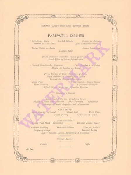 S/S Laconia 1936 Farewell Dinner Menu