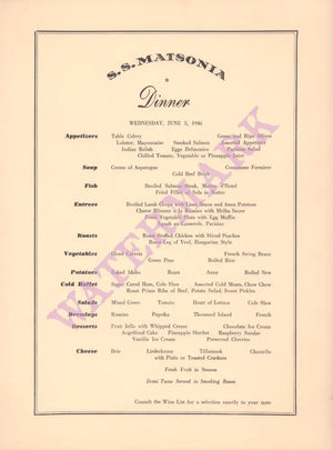 S.S. Matsonia, June 5 1946 Menu