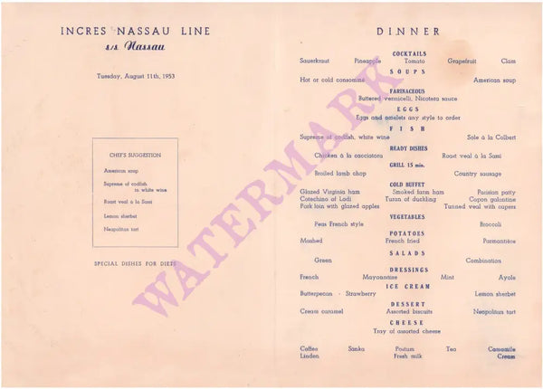 S.S. Nassau 1953 Menu