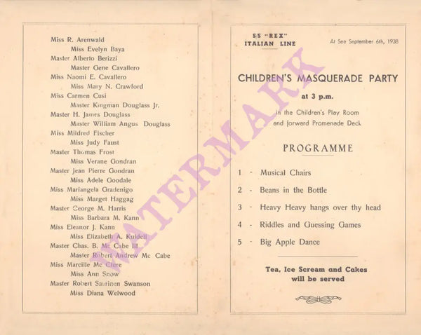S.S. Rex, Italian Line 1938 Menu 