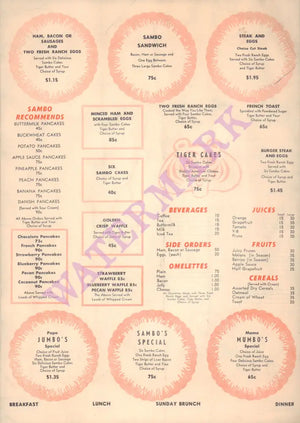 Sambo's Pancake's, California 1950s Menu