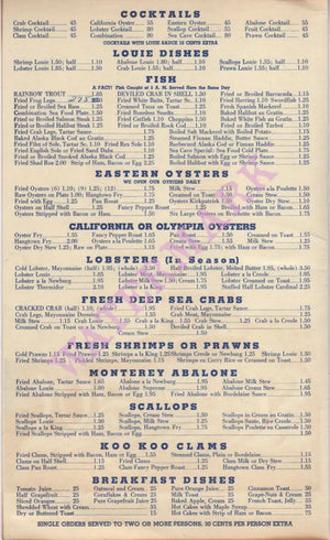 Sea Cave, Oakland 1952 Menu 