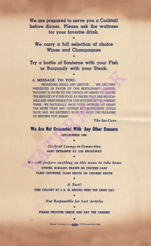 Sea Cave, Oakland 1952 Menu 