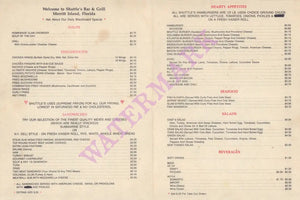 Shuttle's Bar & Grill, Merritt Island 1980s menu