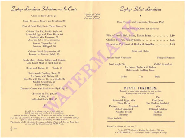 Silver Streak Zephyr, Chicago, Burlington and Quincy Railroad 1943 Menu