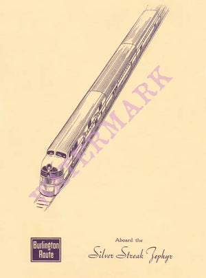 Silver Streak Zephyr, Chicago, Burlington and Quincy Railroad 1943 Menu Art