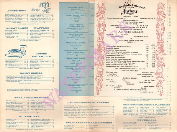 Sinbad's at The Algiers, Miami Beach 1965 Menu