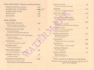 Skipper Kent's, San Francisco & Zombie Village, Oakland 1960s Menu