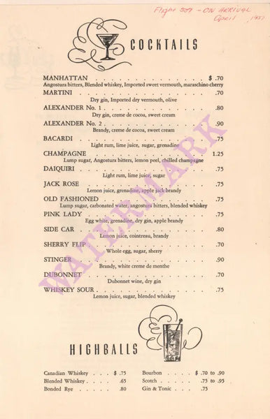 Skychef Bar 1957 Menu