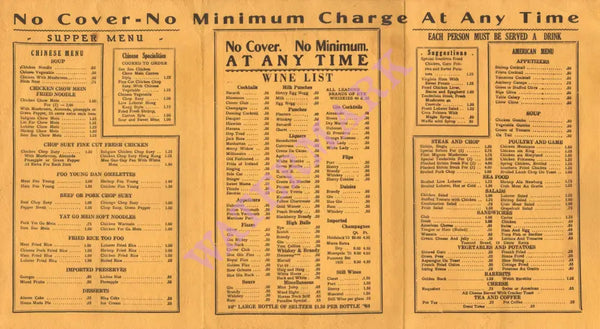 Smalls' Paradise Cabaret, Harlem 1930s Menu