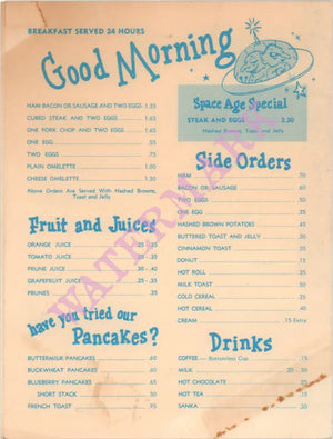 Space Age, Gila Bend AZ 1960s Breakfast Menu