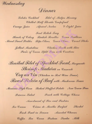 SS Ariadne, Eastern Steamship Lines 1970s Mmenu