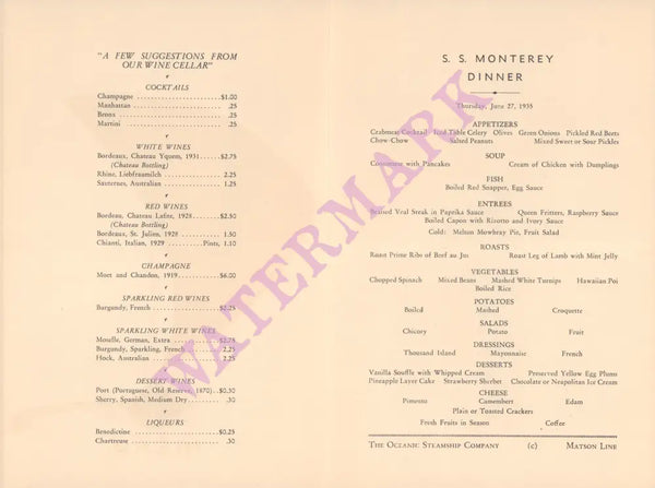 SS Monterey, Matson Lines 1935 Dinner menu