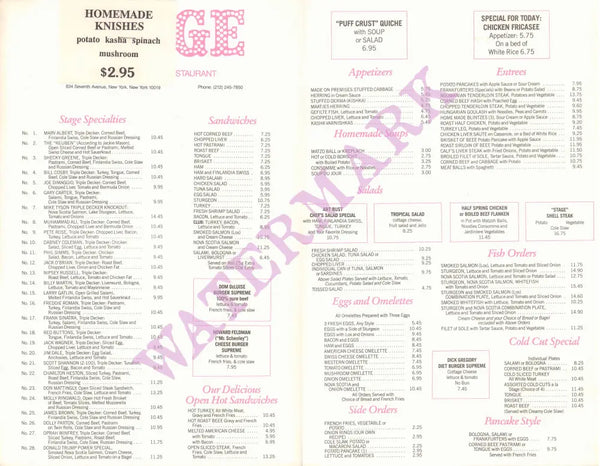 Stage Deli, New York 2000s Menu
