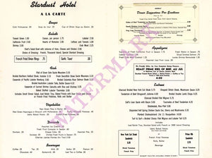 Stardust Motor Hotel, San Diego 1960s Menu
