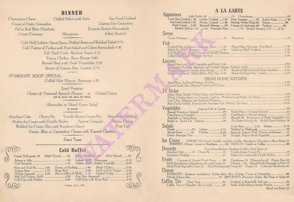 Starlight Roof, Waldorf Astoria, New York 1949 Menu Art | Vintage Menu Art - dinner menu