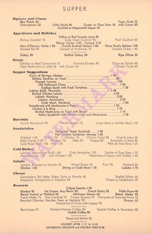 Starlight Roof Waldorf Astoria, New York 1930s Supper Menu