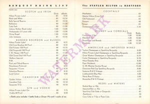 Statler Hilton, Hartford 1960s Cocktail Menu