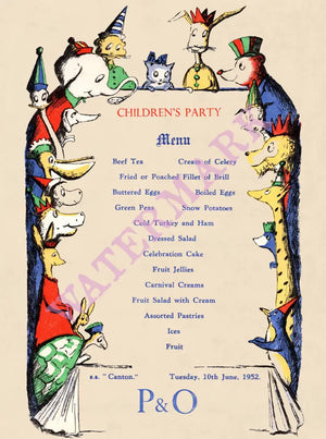 Steam Ship Canton, Children's Party 1952 Menu Art