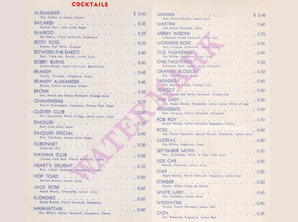 Holland America Shipping Line, Cocktails 1957 Menu
