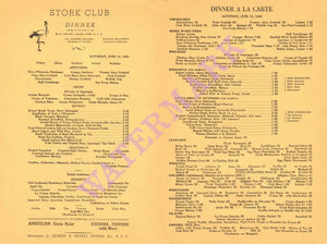Stork Club, New York 1940 Menu