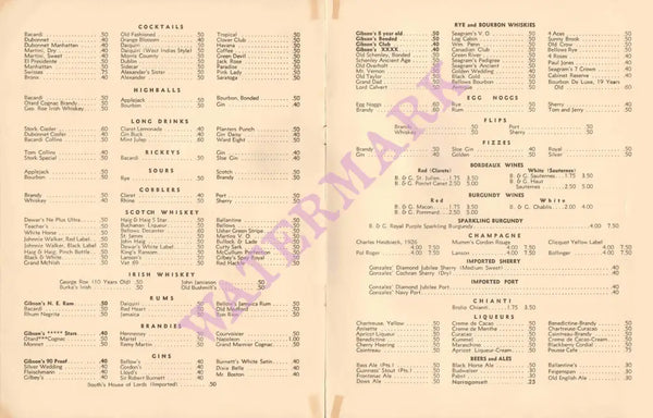 Stork Club, Rhode Island 1930s Menu Wines 