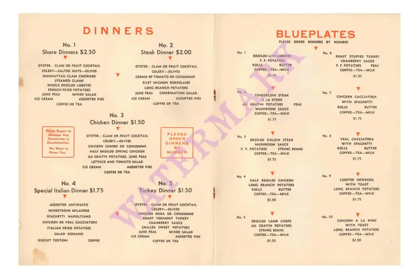 Stork Club, Rhode Island 1930s Menu 
