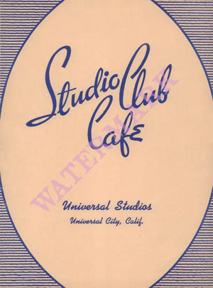 Studio Club Café, Universal Studios 1939 Menu Art