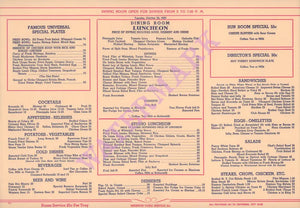 Studio Club Café, Universal Studios 1939 Menu